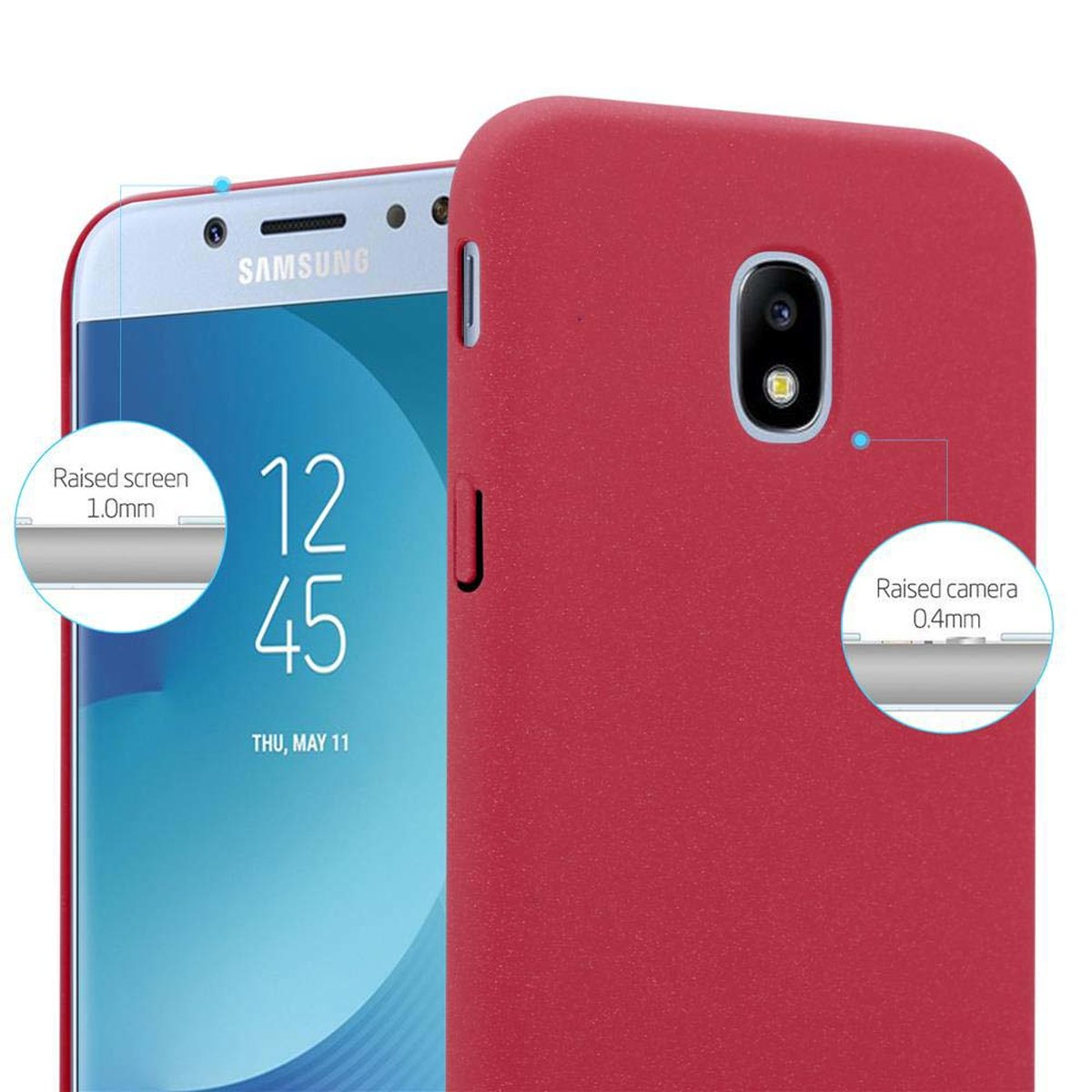 Una custodia rossa per telefono su un telefono. Lo schermo e la fotocamera rialzati sono evidenziati con etichette.