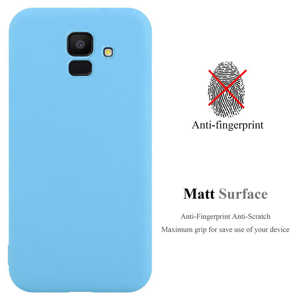 Eine hellblaue Handyhülle. Text: Matt Surface, Anti-Fingerabdruck, Anti-Kratzer, maximaler Halt.