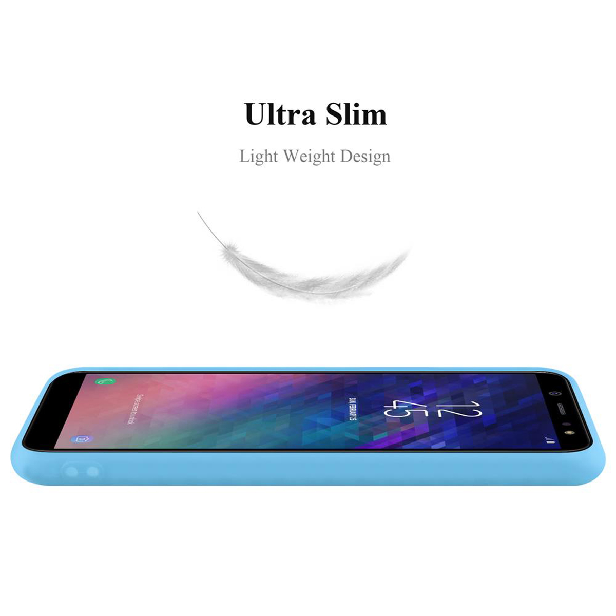Hellblaue Handyhülle auf weißem Untergrund, Federgrafik und Text 'Ultra Slim'.