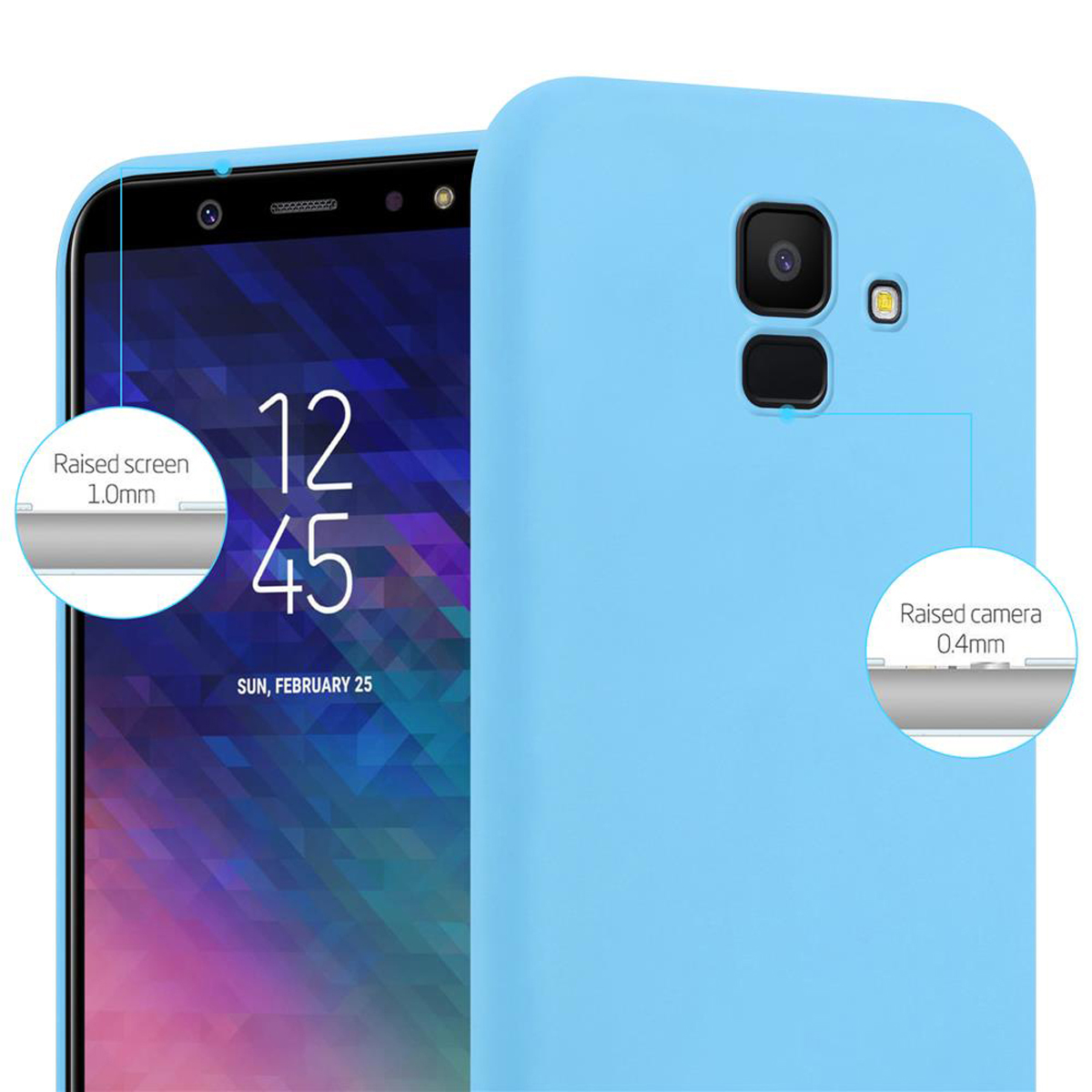Hellblaue Handyhülle mit Telefon. Text: Erhöhter Bildschirm 1,0 mm, erhöhte Kamera 0,4 mm.