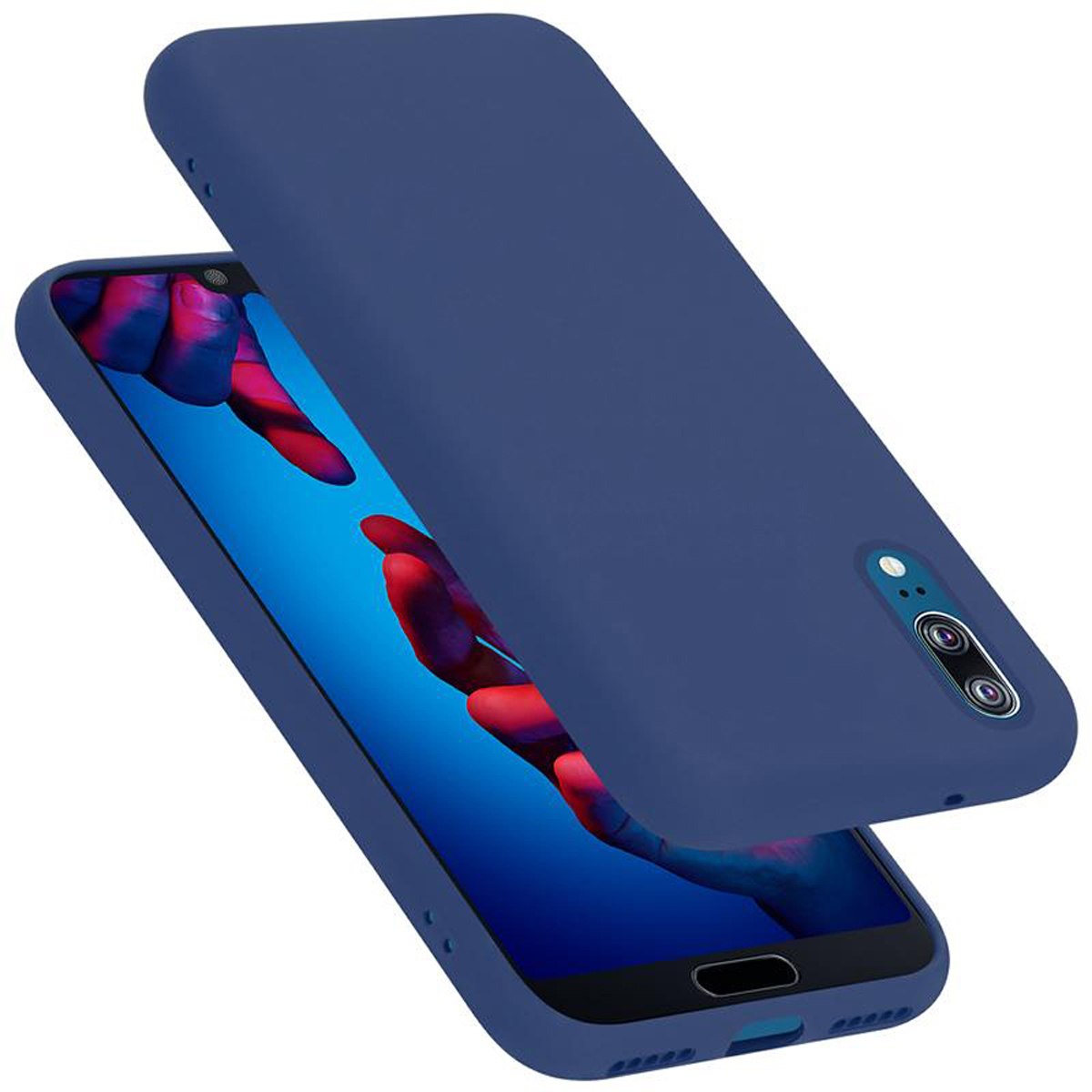 Eine dunkelblaue Handyhülle geöffnet, wodurch der Telefonbildschirm freigelegt wird. Das Telefon verfügt über ein Multi-Objektiv-Kamerasystem.