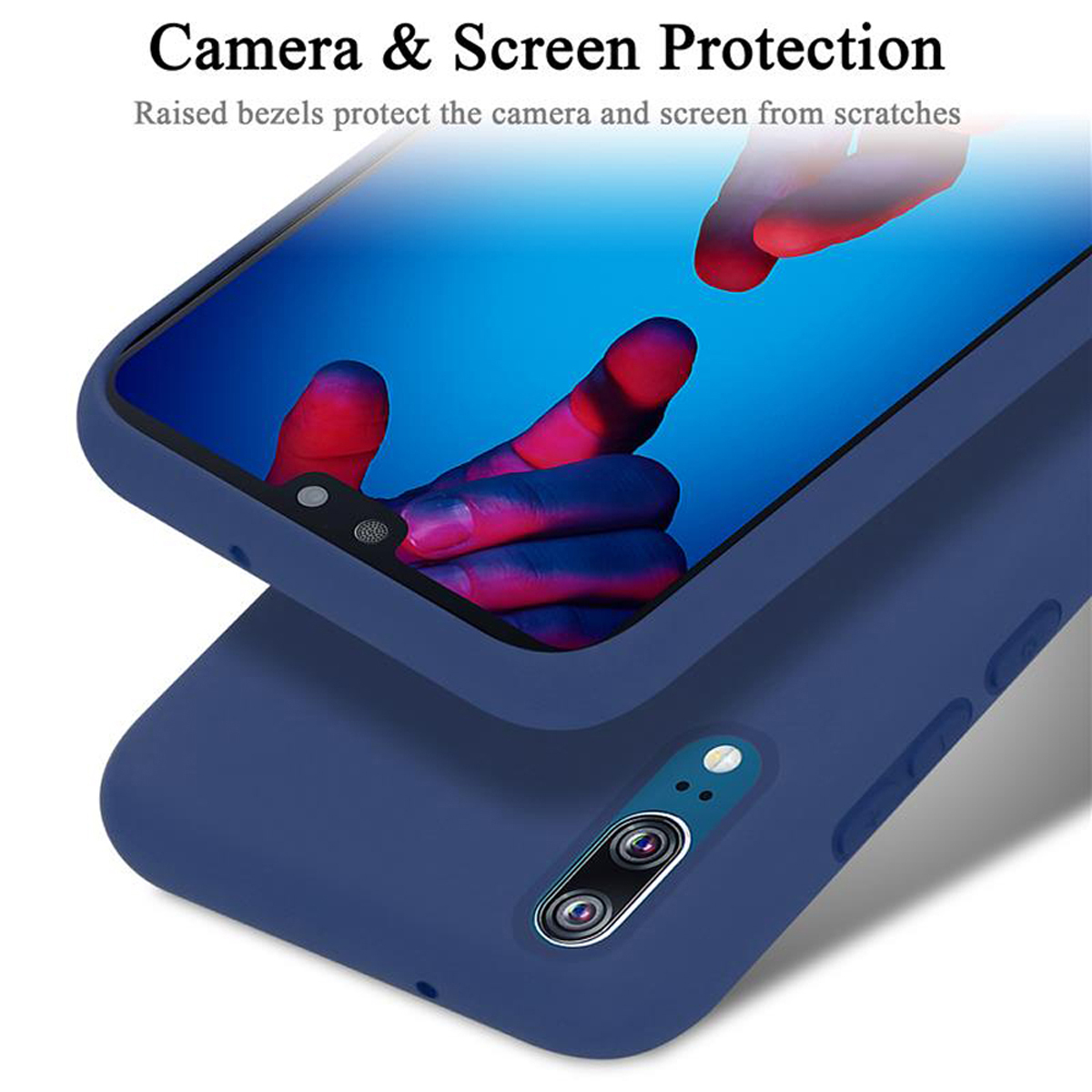 Blaue Handyhülle mit Telefon darin. Erhöhter Rahmen schützt Bildschirm.