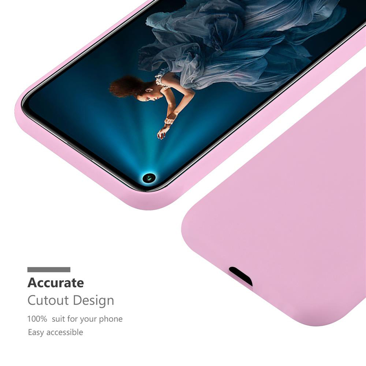 Custodia per telefono rosa con un telefono. Lo schermo mostra una donna. Il testo dice 'Accurate Cutout Design'.