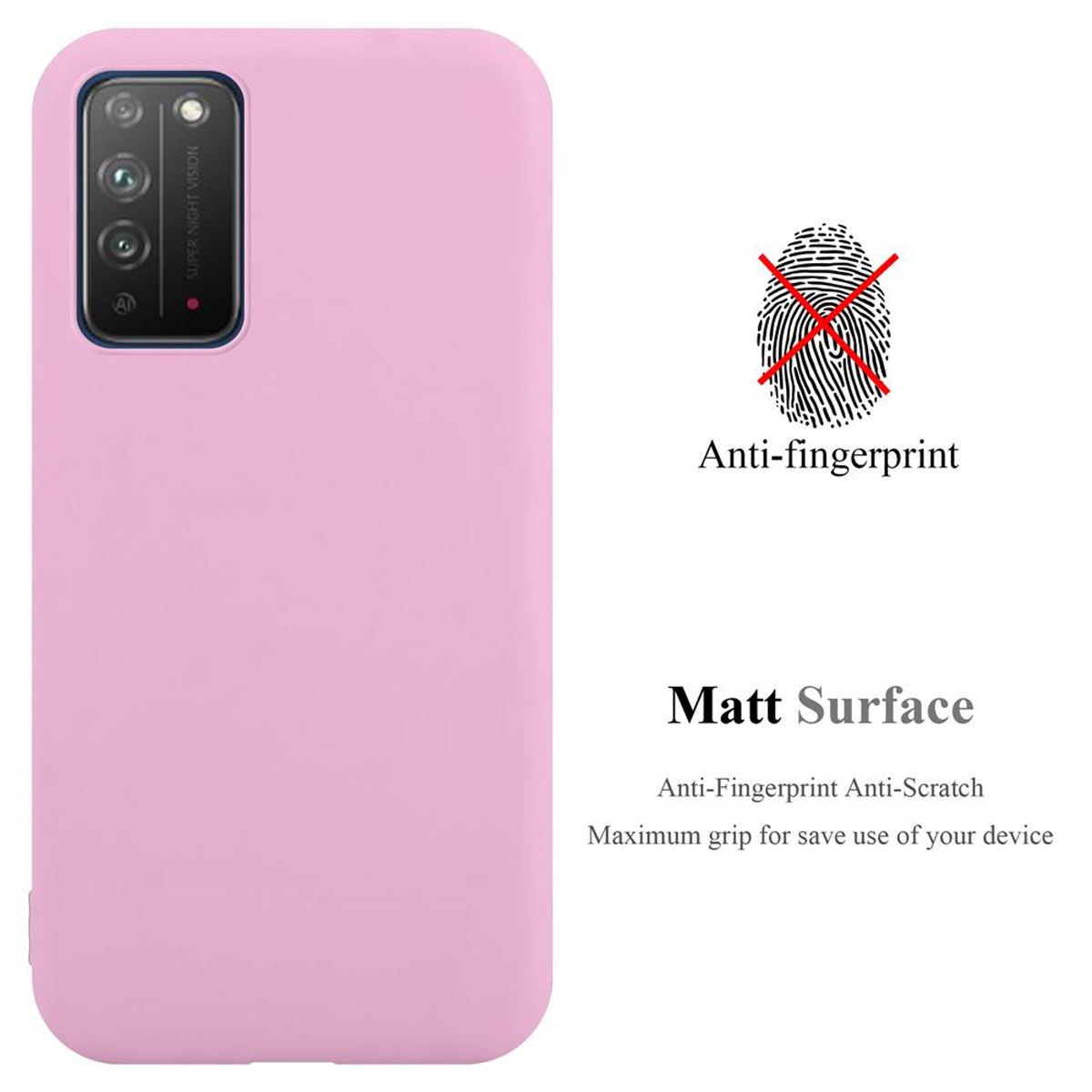 Eine pinkfarbene Handyhülle mit dem Text 'Anti-Fingerprint' und 'Matt Surface'. Ein Fingerabdrucksymbol ist durchgestrichen.