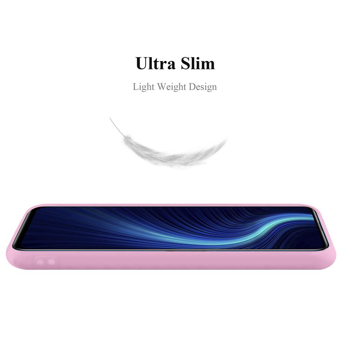 Rosa Handyhülle. Weißer Text sagt Ultra Slim, Light Weight Design. Weiß Feder.