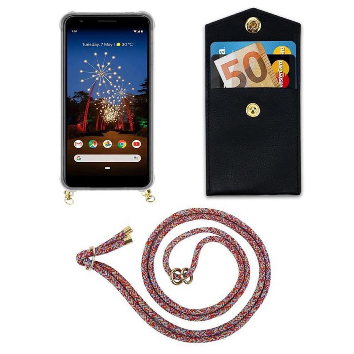 Telefon, Geldbörse mit Karten und ein farbenfrohes geflochtenes Schlüsselband auf weißem Hintergrund.