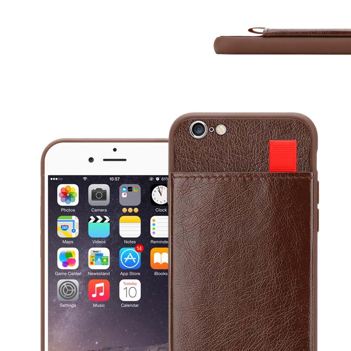 Eine braune Handyhülle mit einer Tasche, die ein iPhone hält. Das Telefon zeigt Apps an.