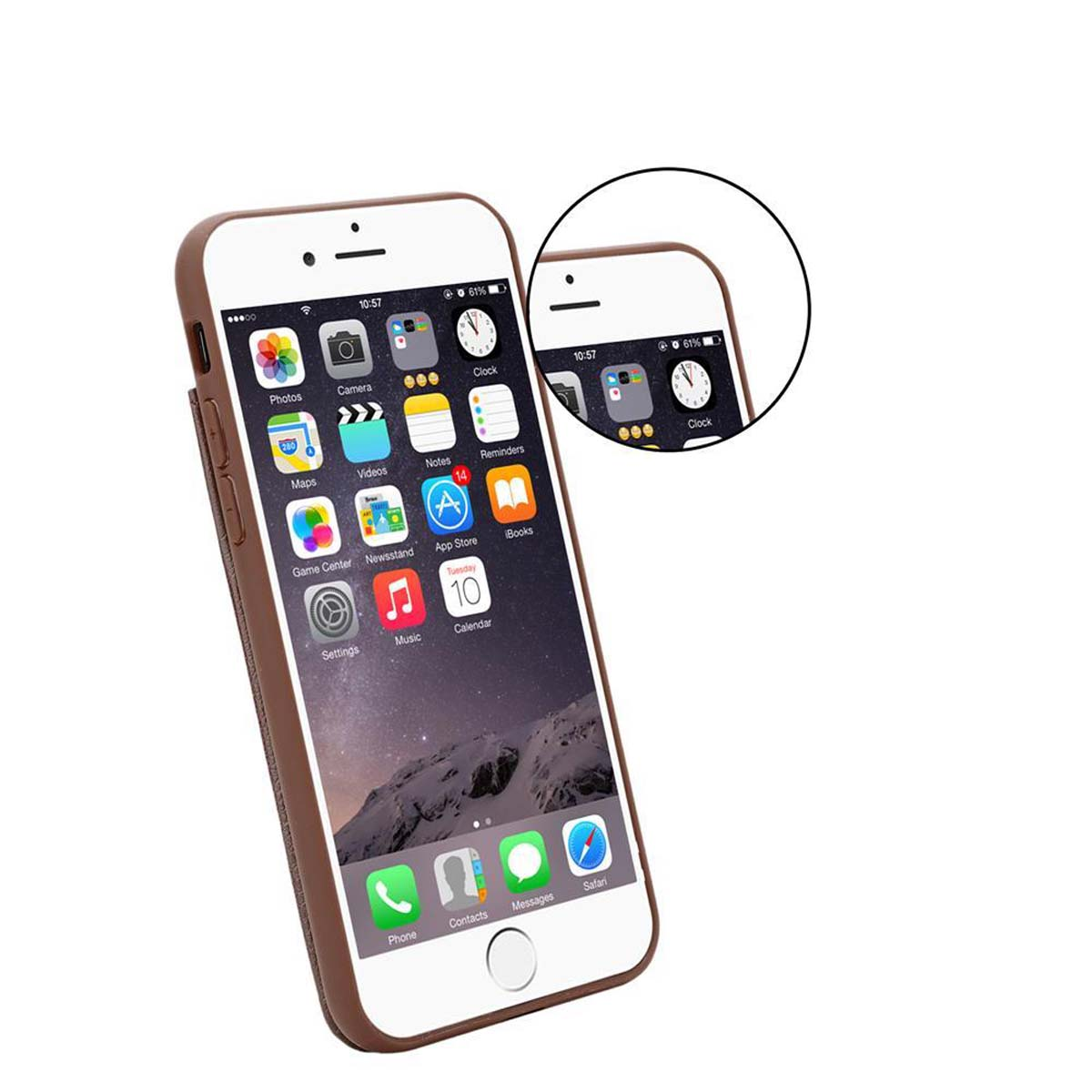 Braune Handyhülle mit weißem Telefon, das App-Symbole zeigt. Nahaufnahme der Ecke.