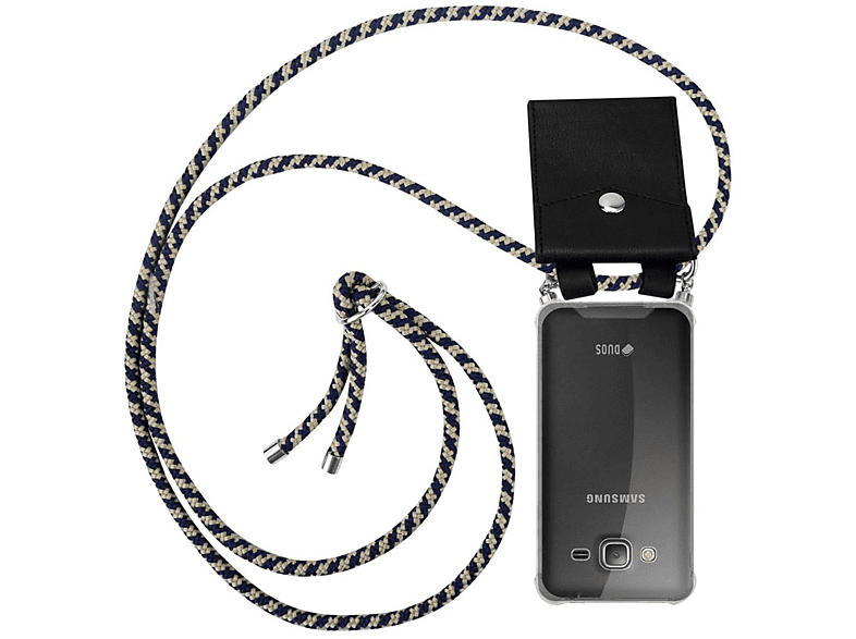 CADORABO Handy Kette mit Silber Ringen, Kordel Band und abnehmbarer Hülle, Backcover, Samsung, Galaxy J3 2016, DUNKELBLAU GELB