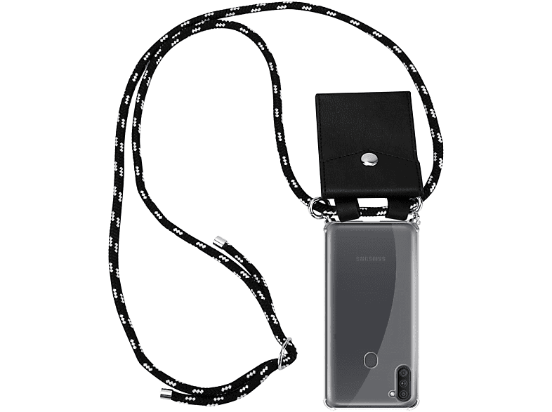 CADORABO Handy Kette mit Silber Ringen, Kordel Band und abnehmbarer Hülle, Backcover, Samsung, Galaxy A11 / M11, SCHWARZ SILBER