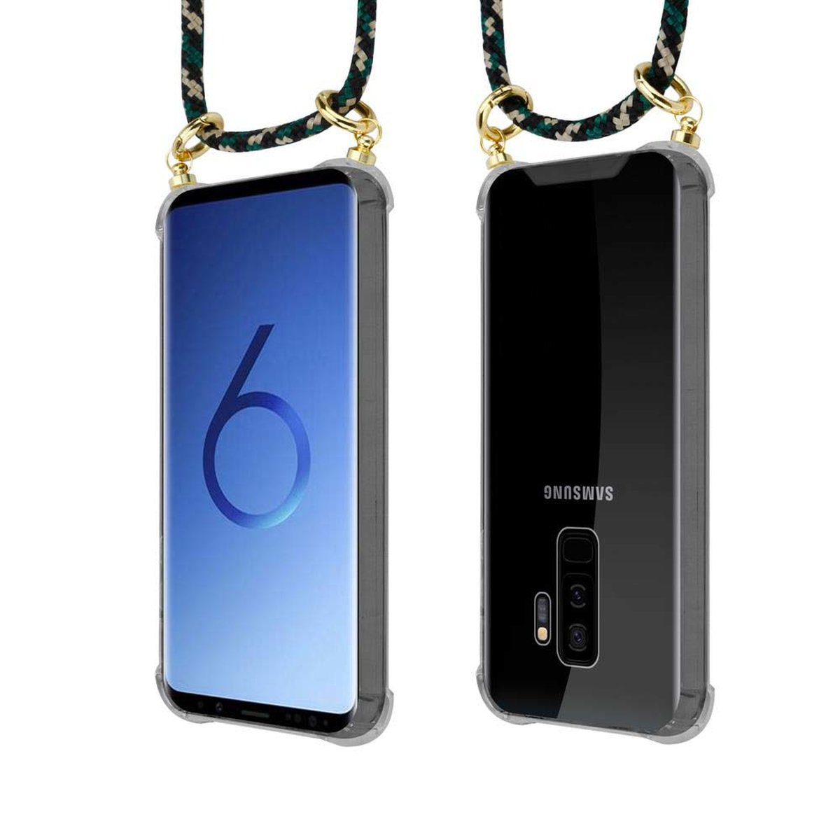 Samsung, und Backcover, abnehmbarer Hülle, CAMOUFLAGE Galaxy PLUS, Ringen, S9 Band mit Handy Gold Kette CADORABO Kordel