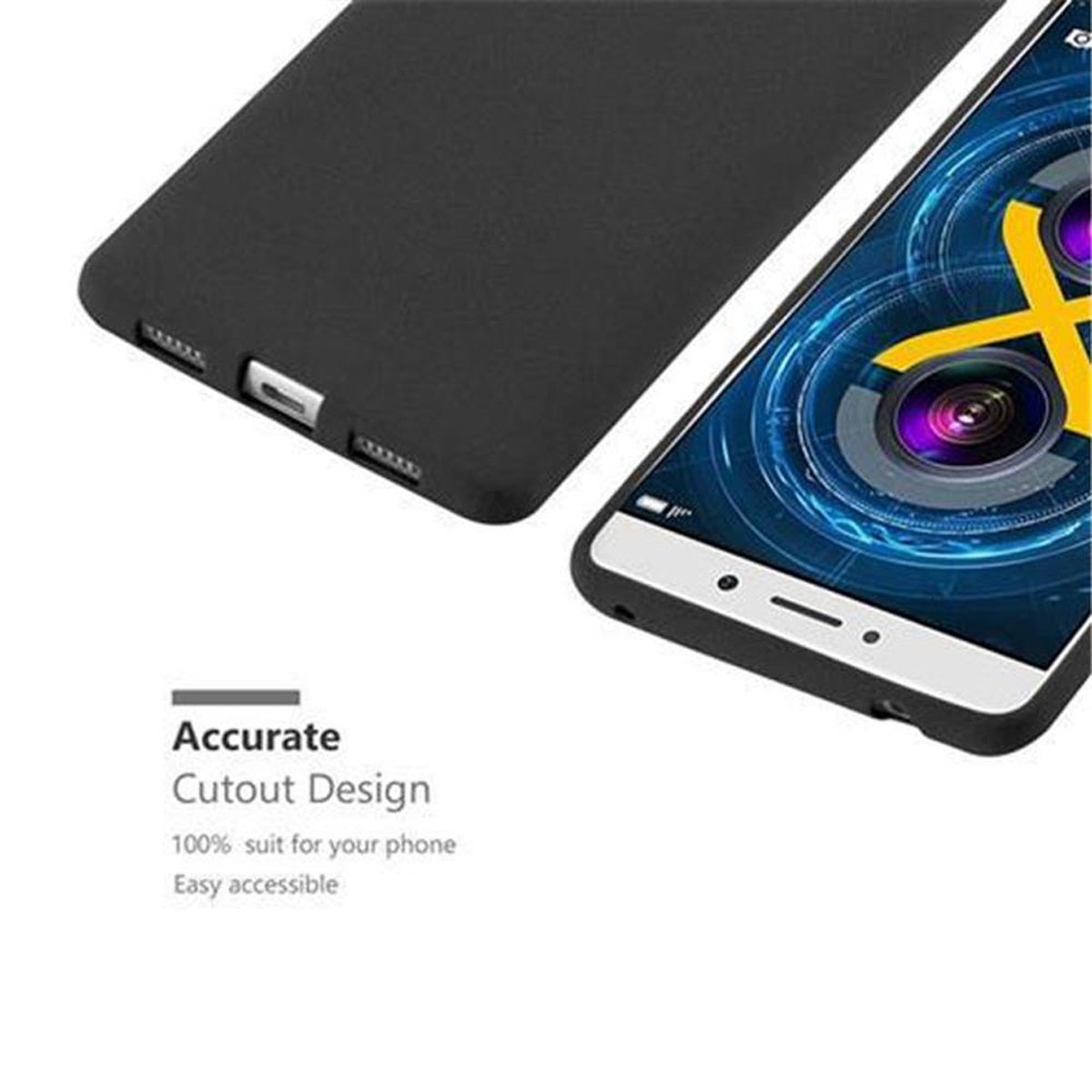 Custodia per telefono con testo sul design preciso dei ritagli e l'accessibilità, con un telefono dentro.