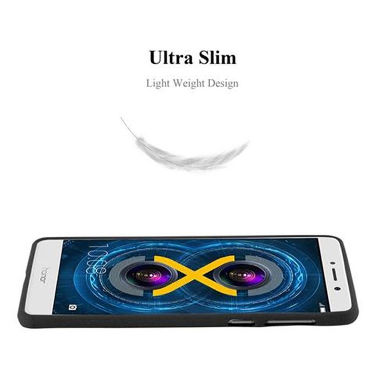 Un telefono in una custodia nera su sfondo bianco. Lo schermo mostra un logo e del testo. Una piuma sopra il telefono.