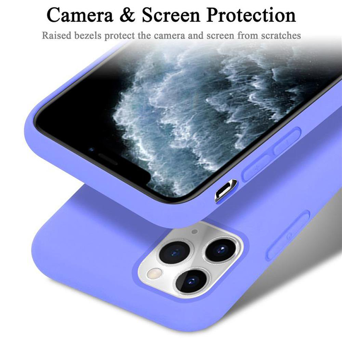 Primo piano del telefono in una custodia blu. Il telefono mostra un'immagine di onde.