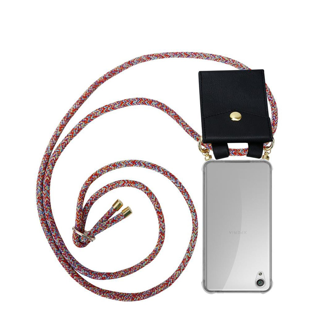 Telefon mit rotem, orangenem und blauem Riemen. Schwarze Hülle.