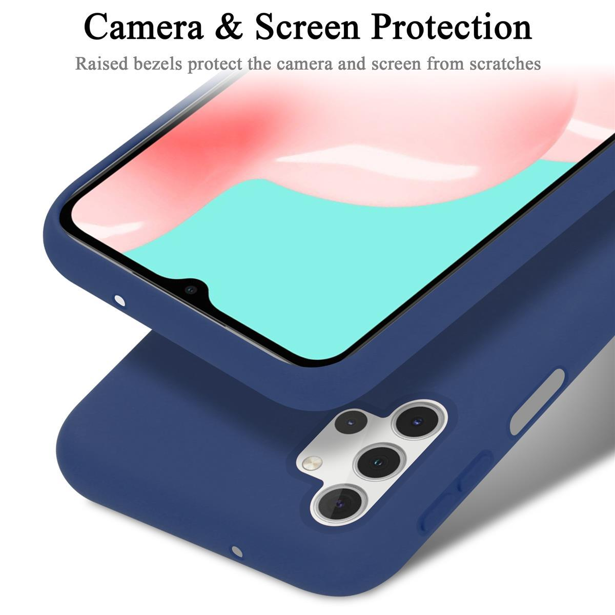Blaue Handyhülle mit erhöhten Kanten, die einen Telefonbildschirm schützt. Weißer Hintergrund.