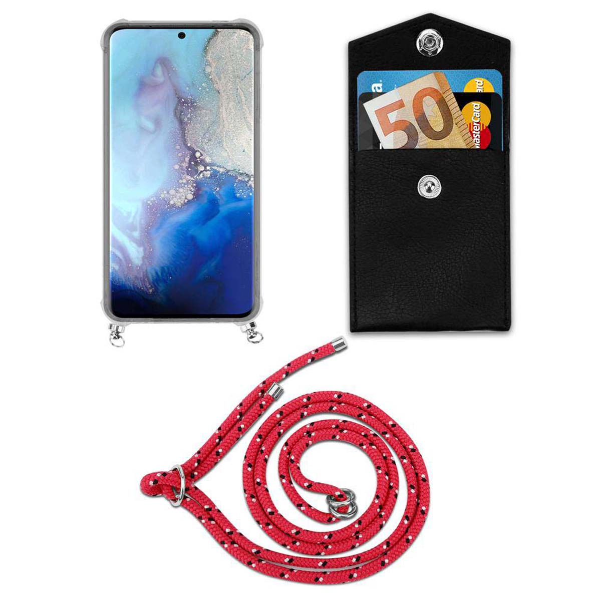 Un telefono e una custodia a portafoglio nera con una corda rossa e nera. Il portafoglio contiene una banconota da 50 euro e una carta.