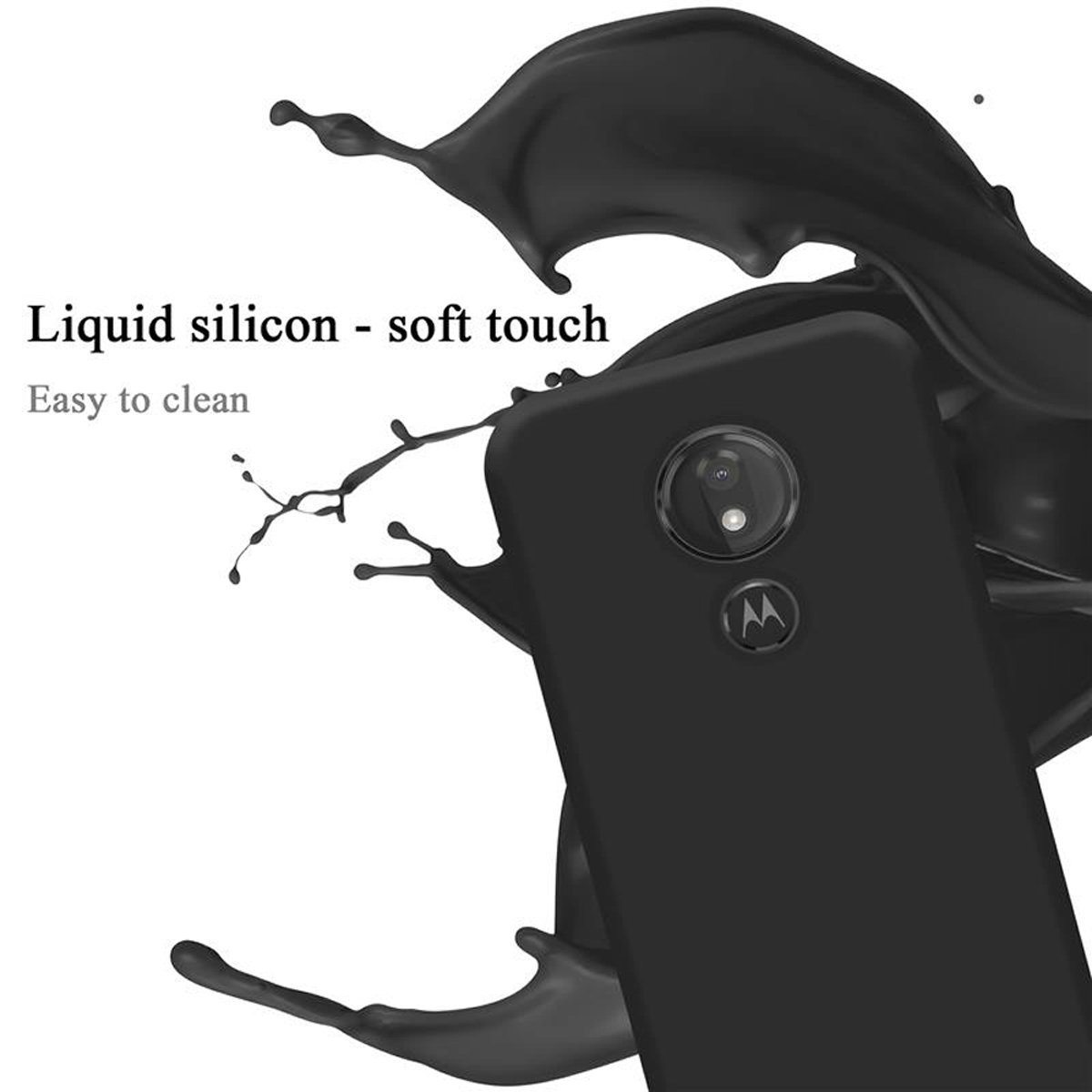 Custodia nera per telefono con silicone liquido e spruzzo di liquido nero.
