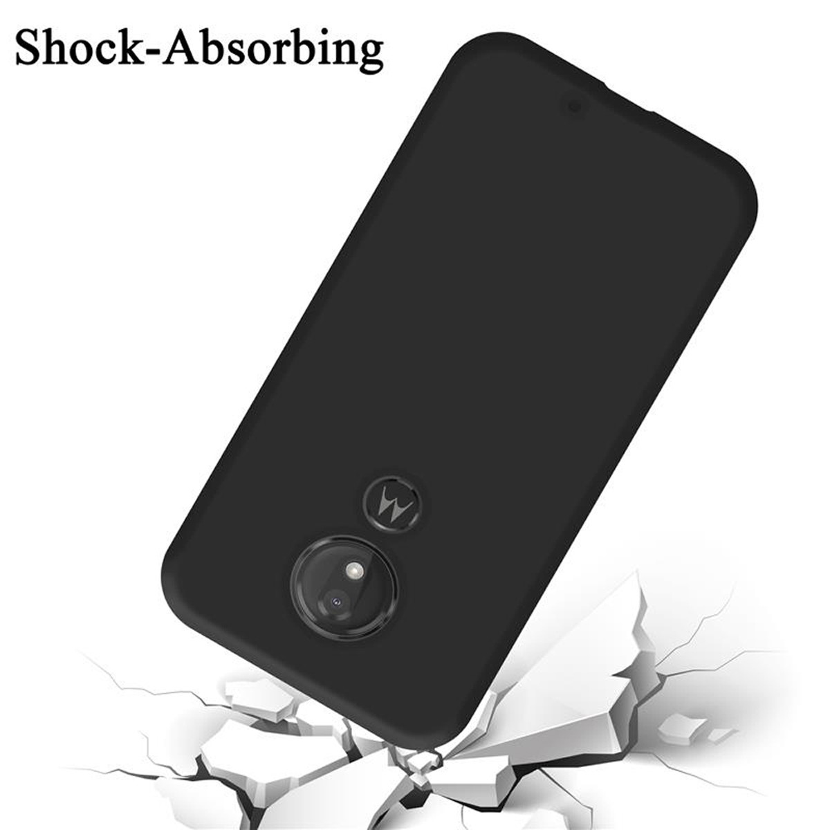 Custodia per telefono nera che cade su una superficie incrinata. Tre fori per fotocamera. Design che assorbe gli urti, protettivo.