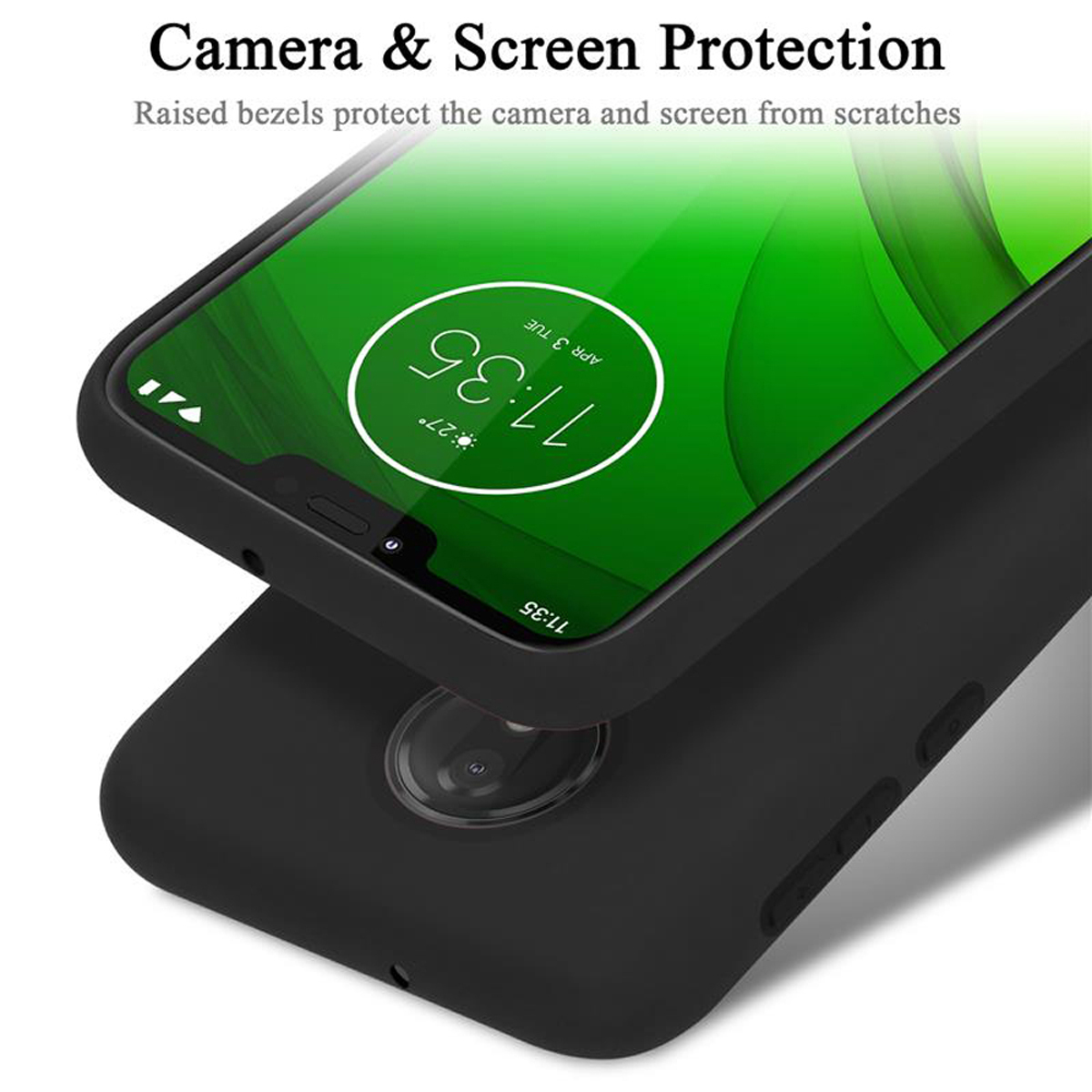 Custodia per telefono nera. Testo: Protezione fotocamera e schermo. Lo schermo del telefono mostra l'ora. Il telefono è sull'altra custodia.
