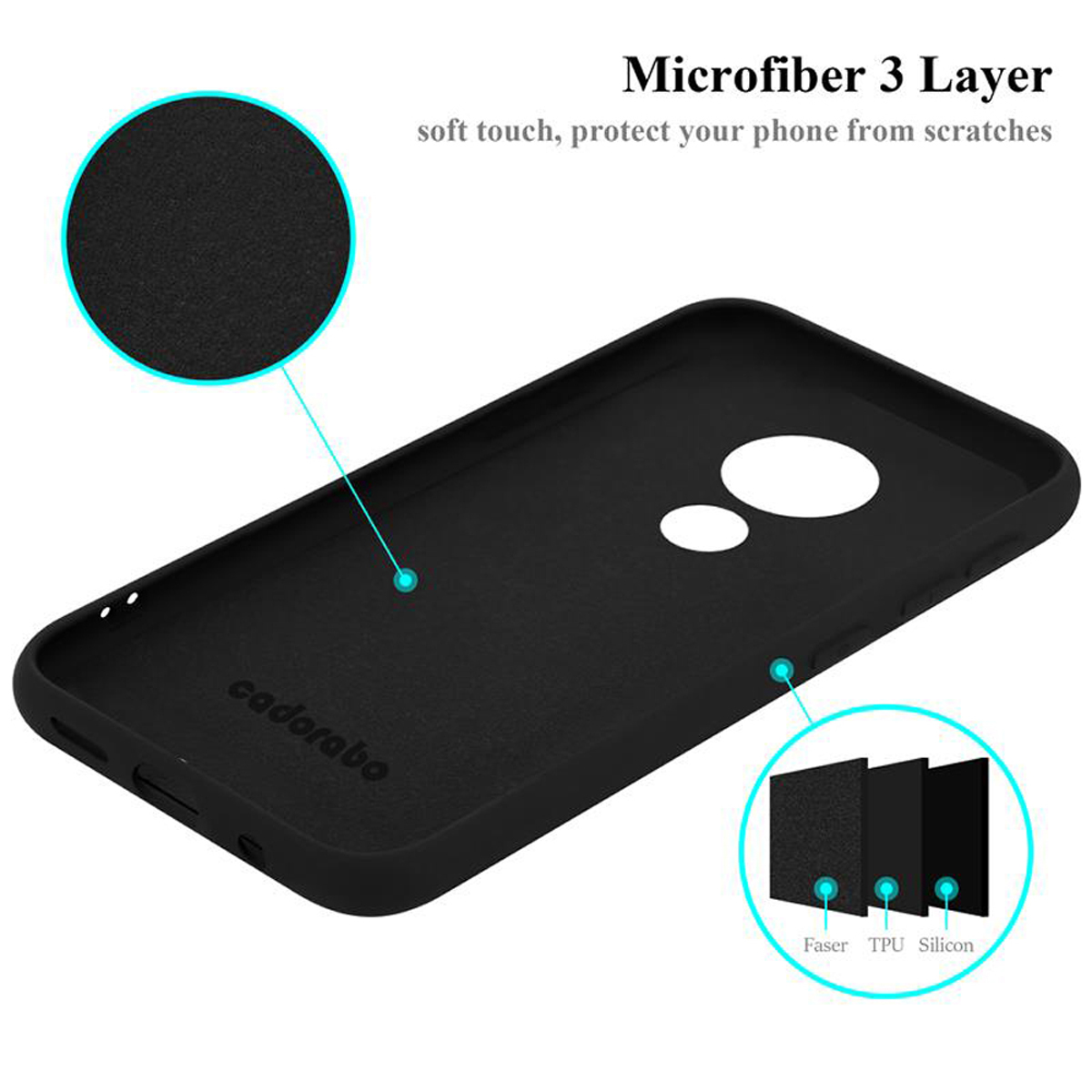 Custodia nera per telefono con tre strati, soft touch, protegge il telefono.