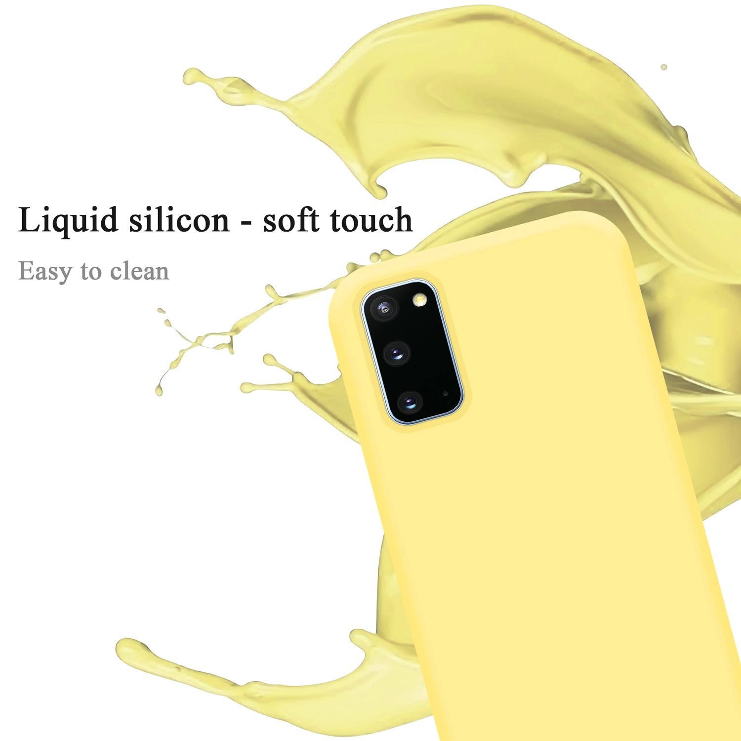 Gelbe Handyhülle mit Kamera, Spritzeffekt. Text: Flüssiges Silikon - weiche Haptik, leicht zu reinigen.