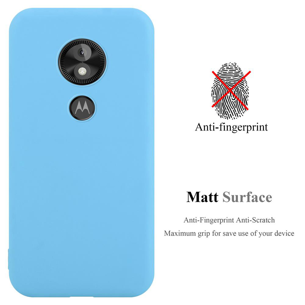 Una custodia per telefono blu chiaro con un rialzo nero per la fotocamera. Il testo dice 'Anti-impronte' e 'Superficie opaca'.
