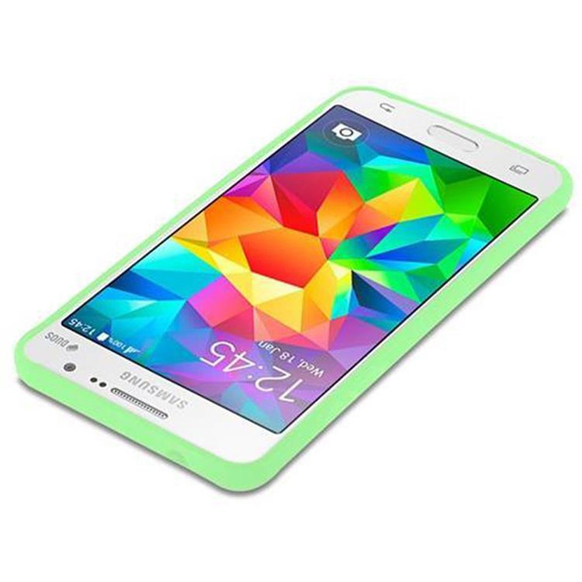 Un telefono con una custodia verde. Lo schermo del telefono mostra un design colorato. Il telefono è bianco.