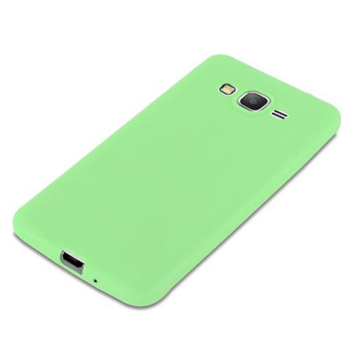 Una custodia per telefono verde chiaro. Ha ritagli per la fotocamera e altri componenti del telefono.