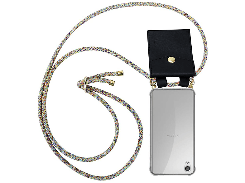 CADORABO Handy Kette mit Gold Ringen, Kordel Band und abnehmbarer Hülle, Backcover, Sony, Xperia X, RAINBOW