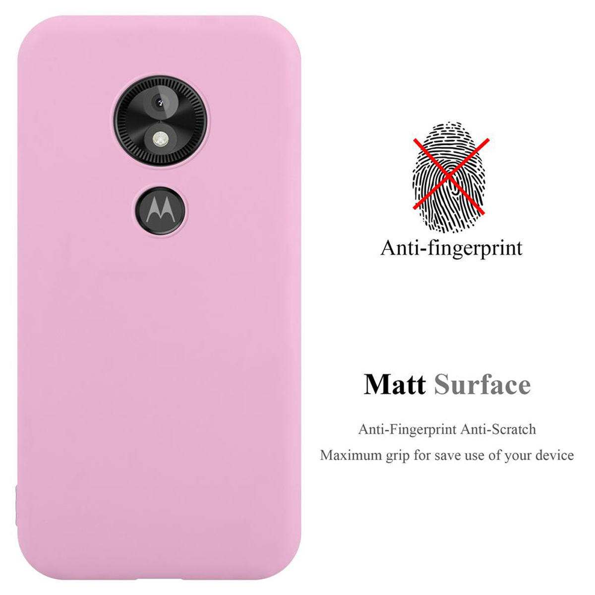 Custodia rosa con cerchio fotocamera nero e logo Motorola. Testo: anti-impronte.