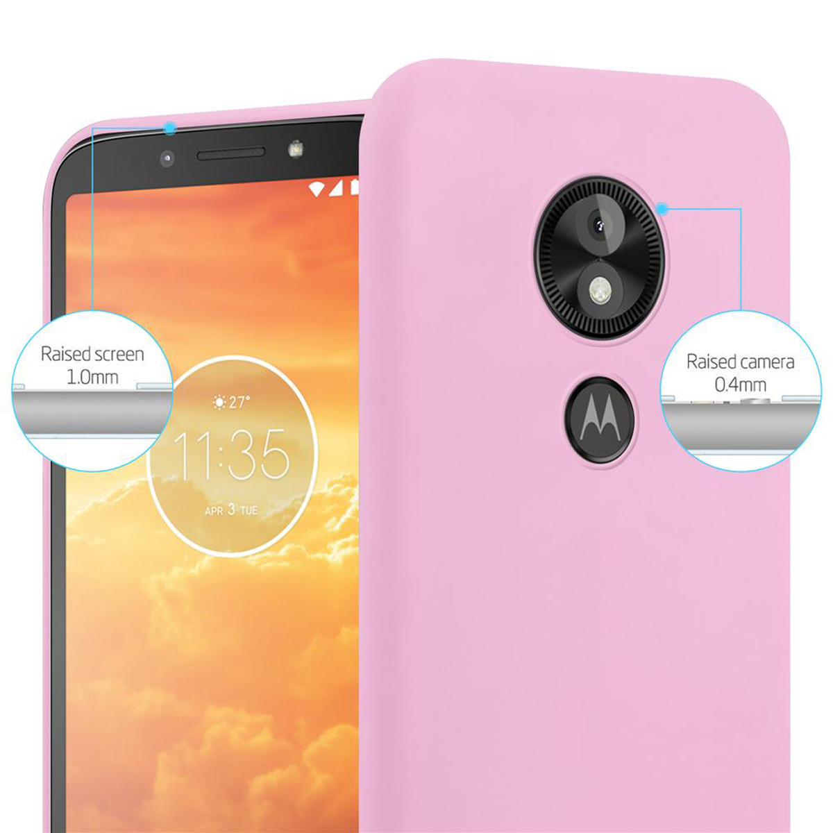 Custodia rosa con schermo e fotocamera rialzati. Etichette di testo indicano le dimensioni.