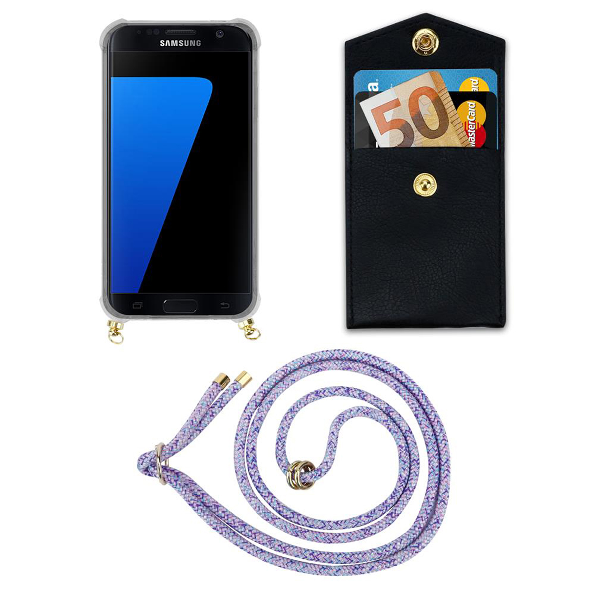 Telefono, portafoglio nero con carte di credito e cordino viola fantasia.