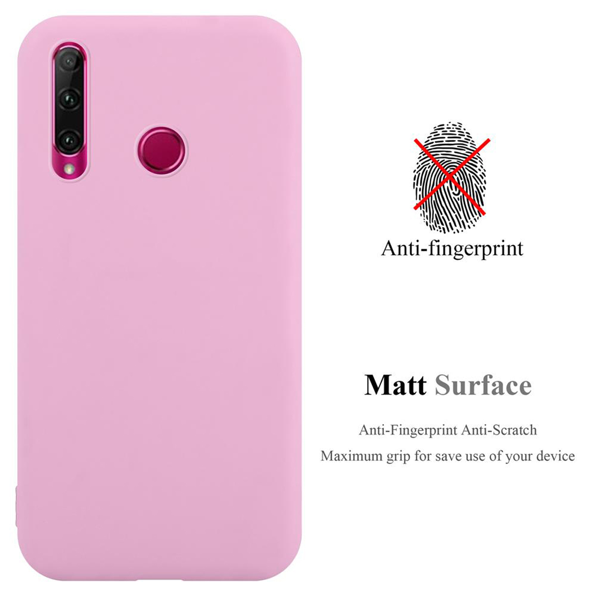 Custodia per telefono rosa. Il testo dice Anti-impronte, Superficie opaca. Nessuna grafica.