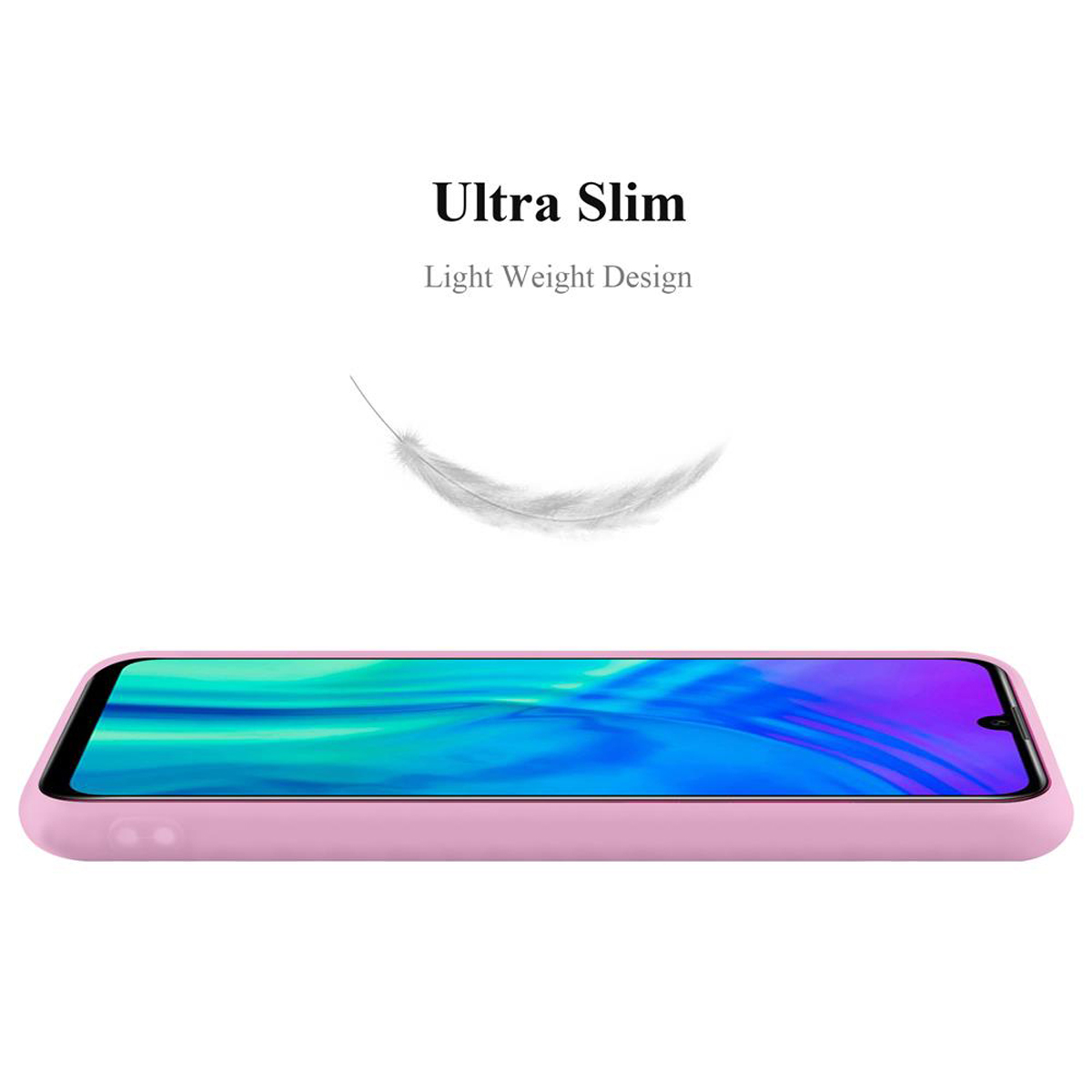 Custodia rosa per telefono su sfondo bianco, piuma e testo "Ultra Slim, Light Weight Design".