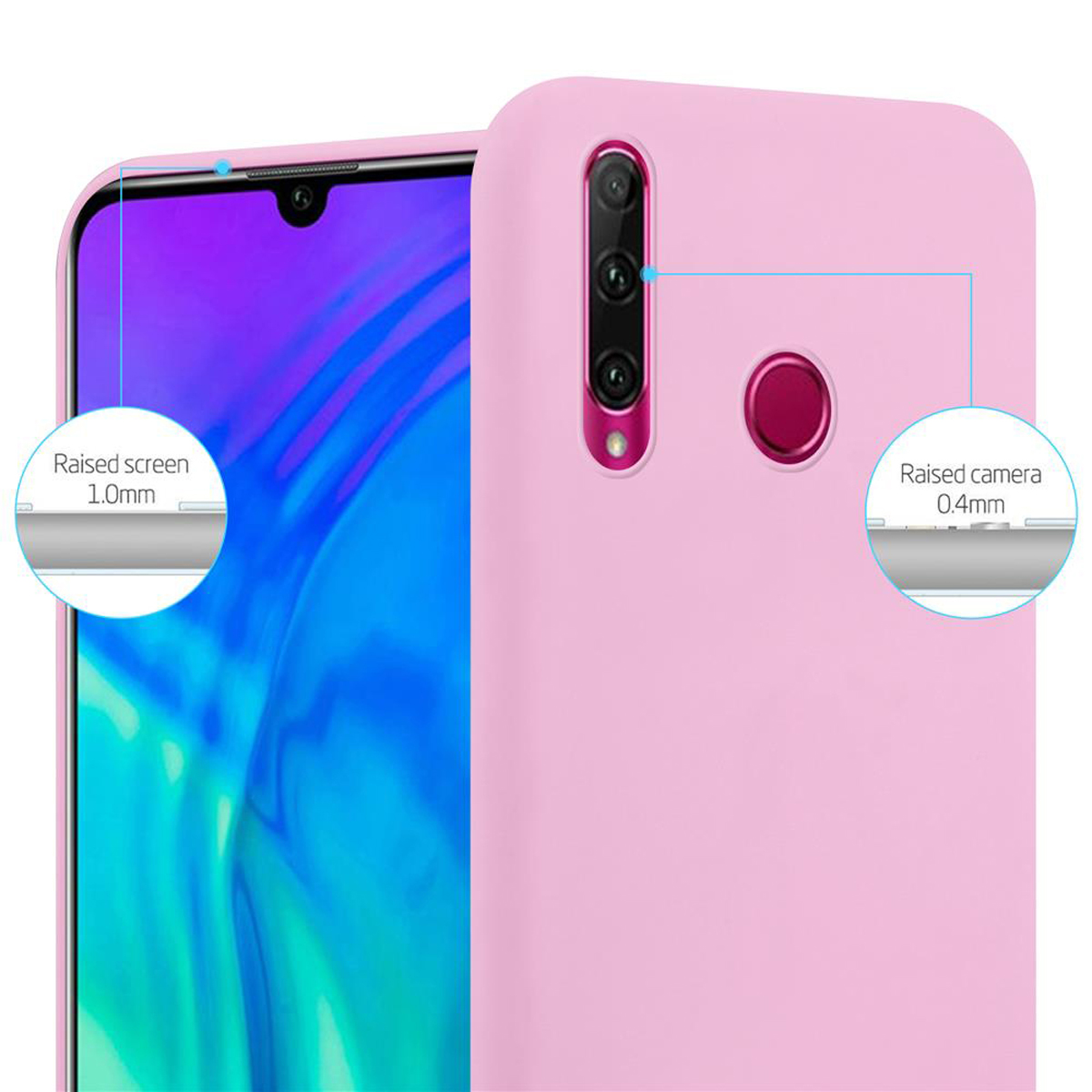 Custodia rosa per telefono. Testo: Protezione schermo e fotocamera rialzate. La custodia è rosa.