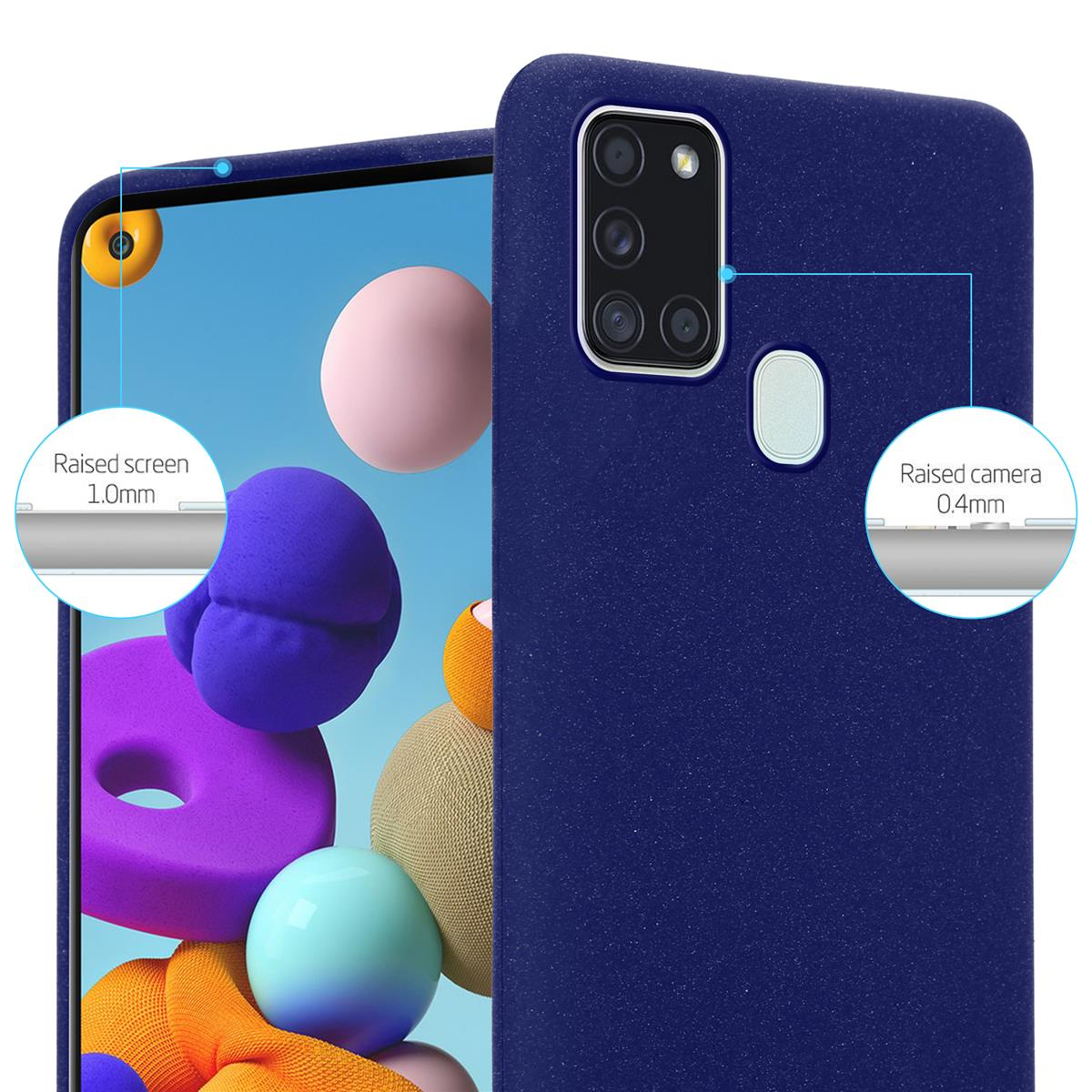 Custodia blu per telefono con dettagli di protezione dello schermo e della fotocamera. Info schermo e fotocamera rialzate.