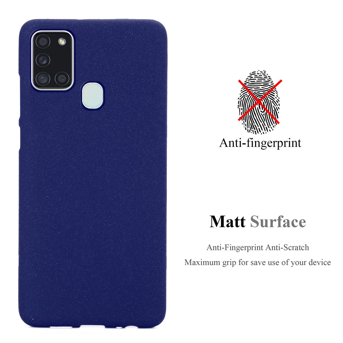Custodia blu per telefono con superficie opaca e funzione anti-impronte.