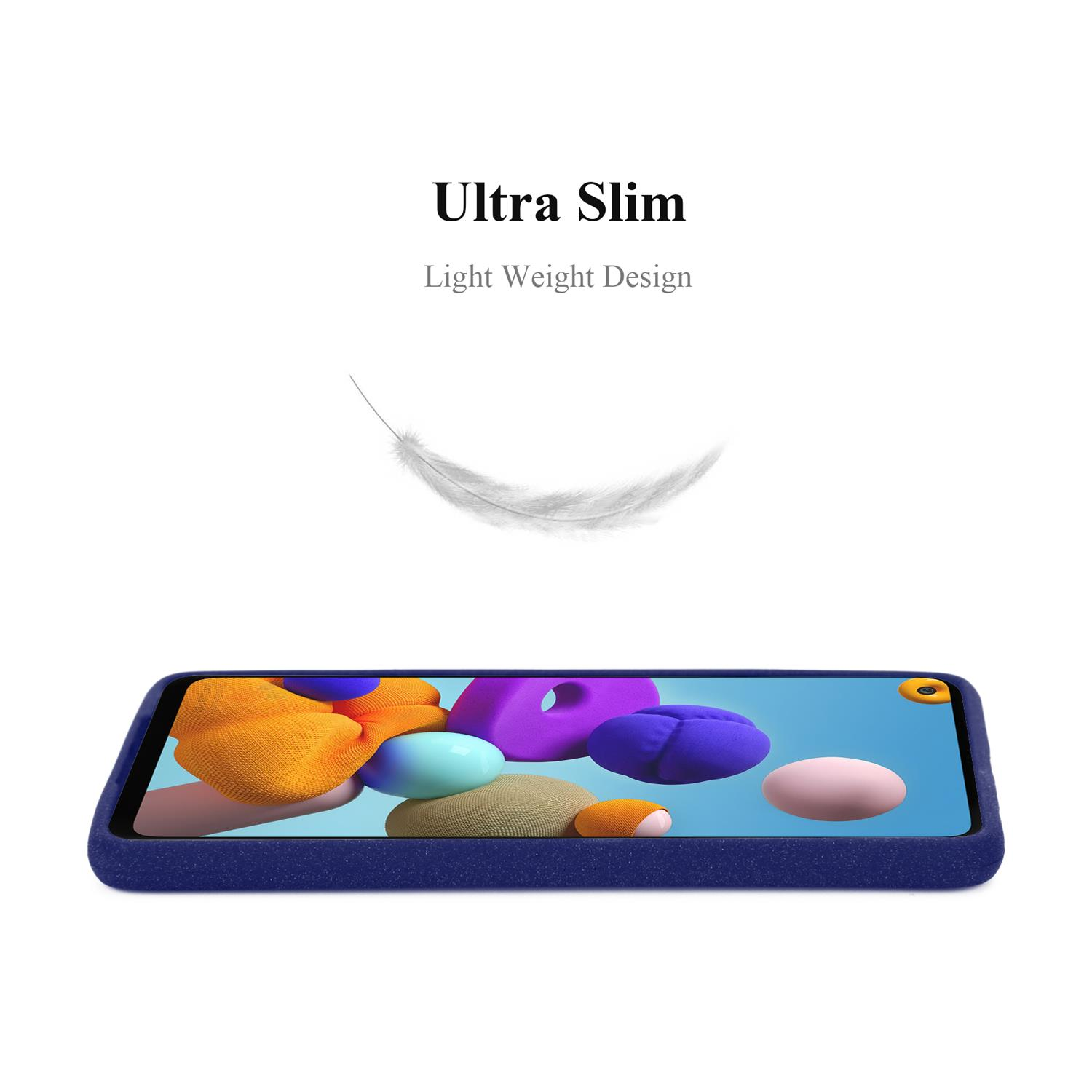 Custodia per telefono con piuma e testo: Ultra Slim, Light Weight Design. Design blu e arancione.