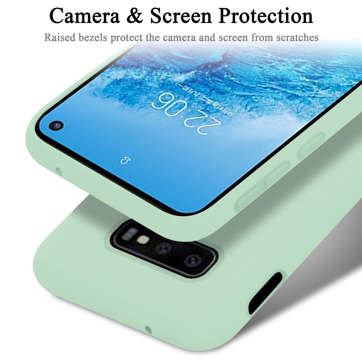Ein Telefon mit einer mintgrünen Hülle. Der Telefonbildschirm zeigt einen blauen Hintergrund. Die Hülle liegt oben auf einer anderen.