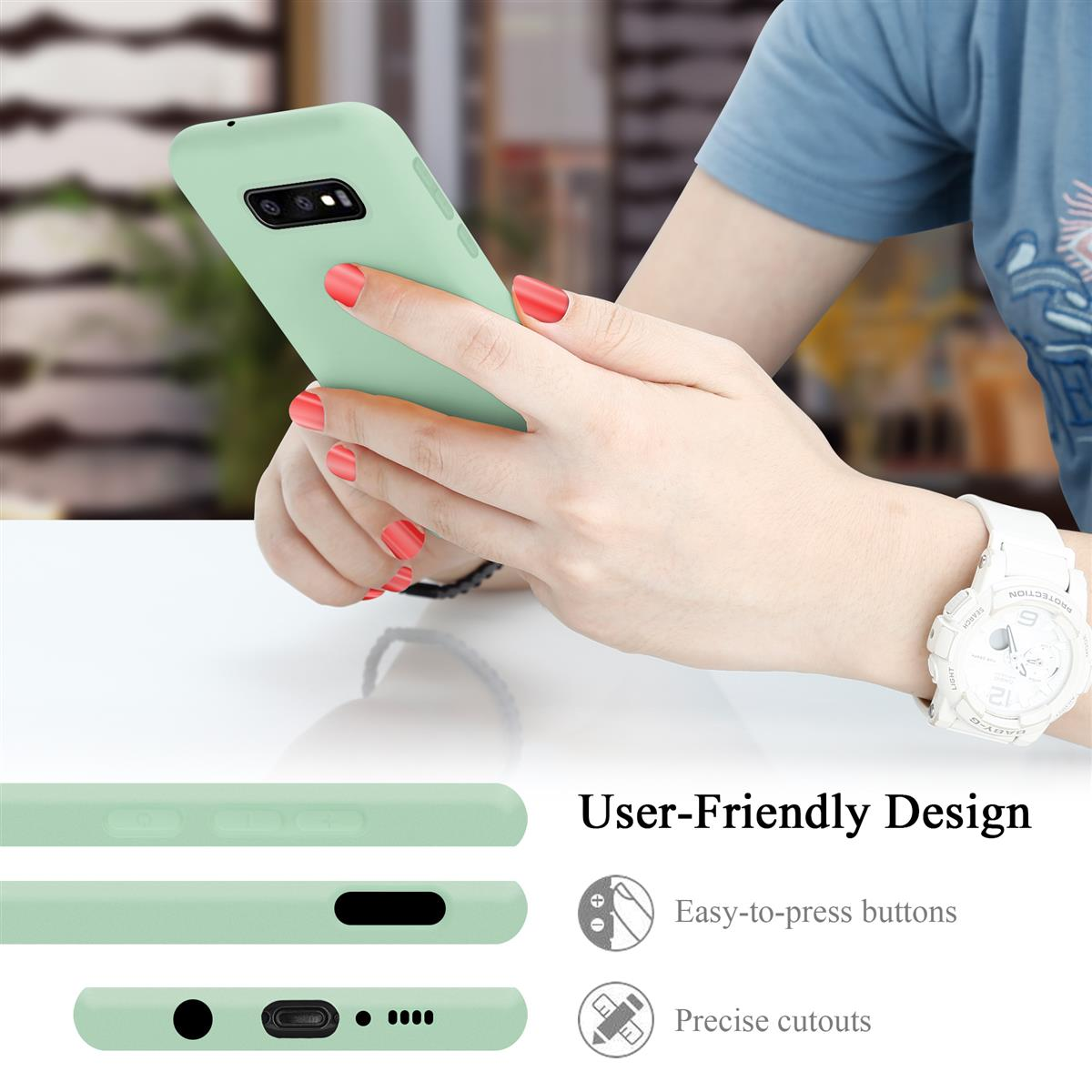 Eine Person hält ein Telefon. Das Telefon befindet sich in einer hellgrünen Hülle. Text: 'User-Friendly Design'.