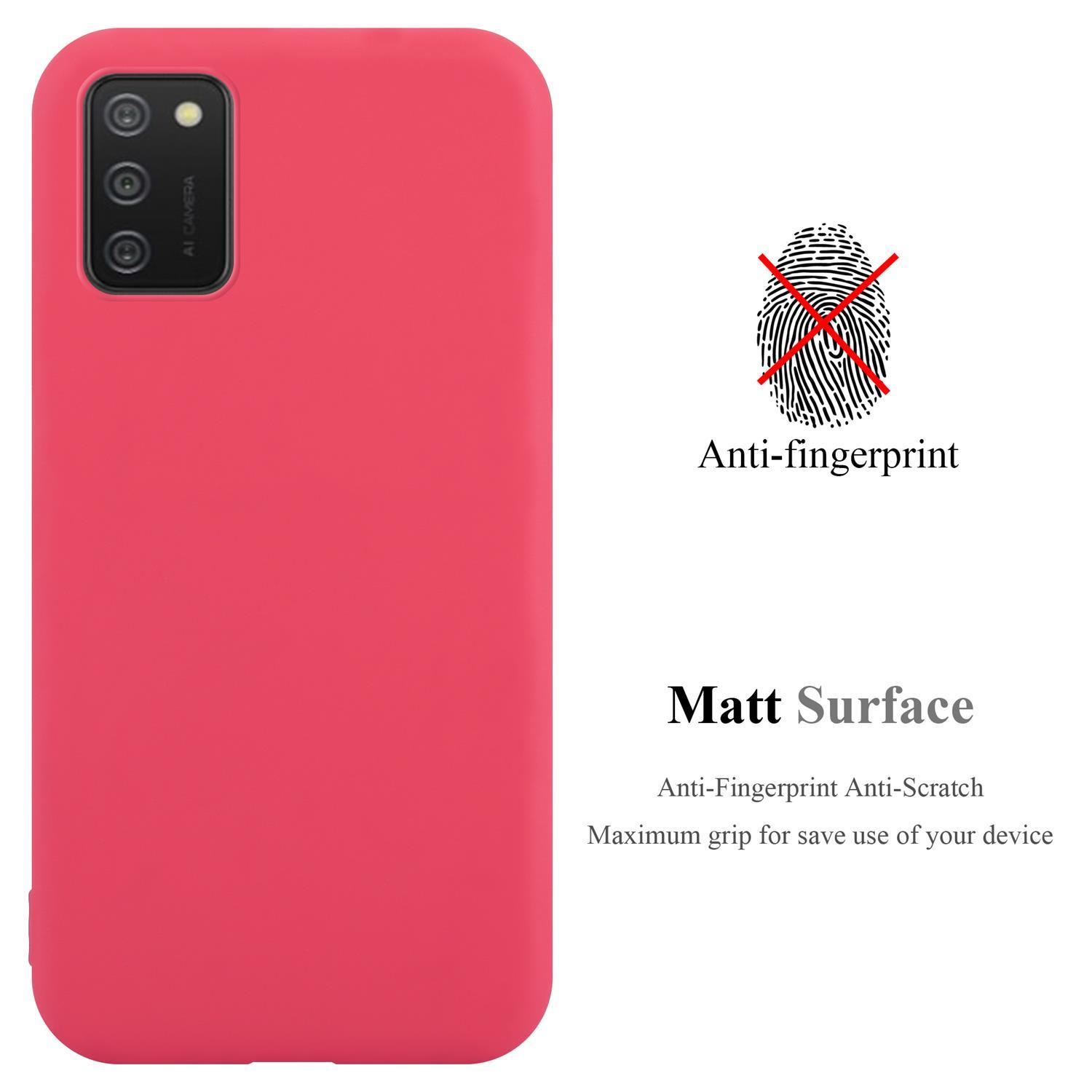 Rote Handyhülle mit einem Telefon und weißem Hintergrund mit Text gegen Fingerabdrücke.