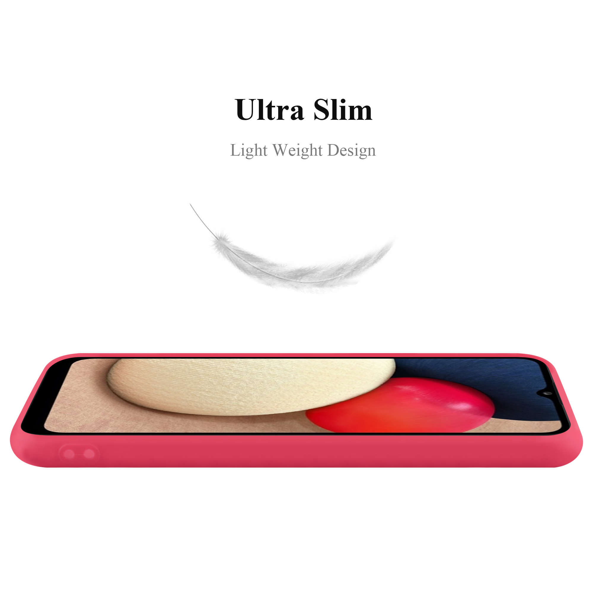 Rote Handyhülle. Das Telefon ist mit einer roten Hülle sichtbar. Text: Ultra schlank, leichtes Design.
