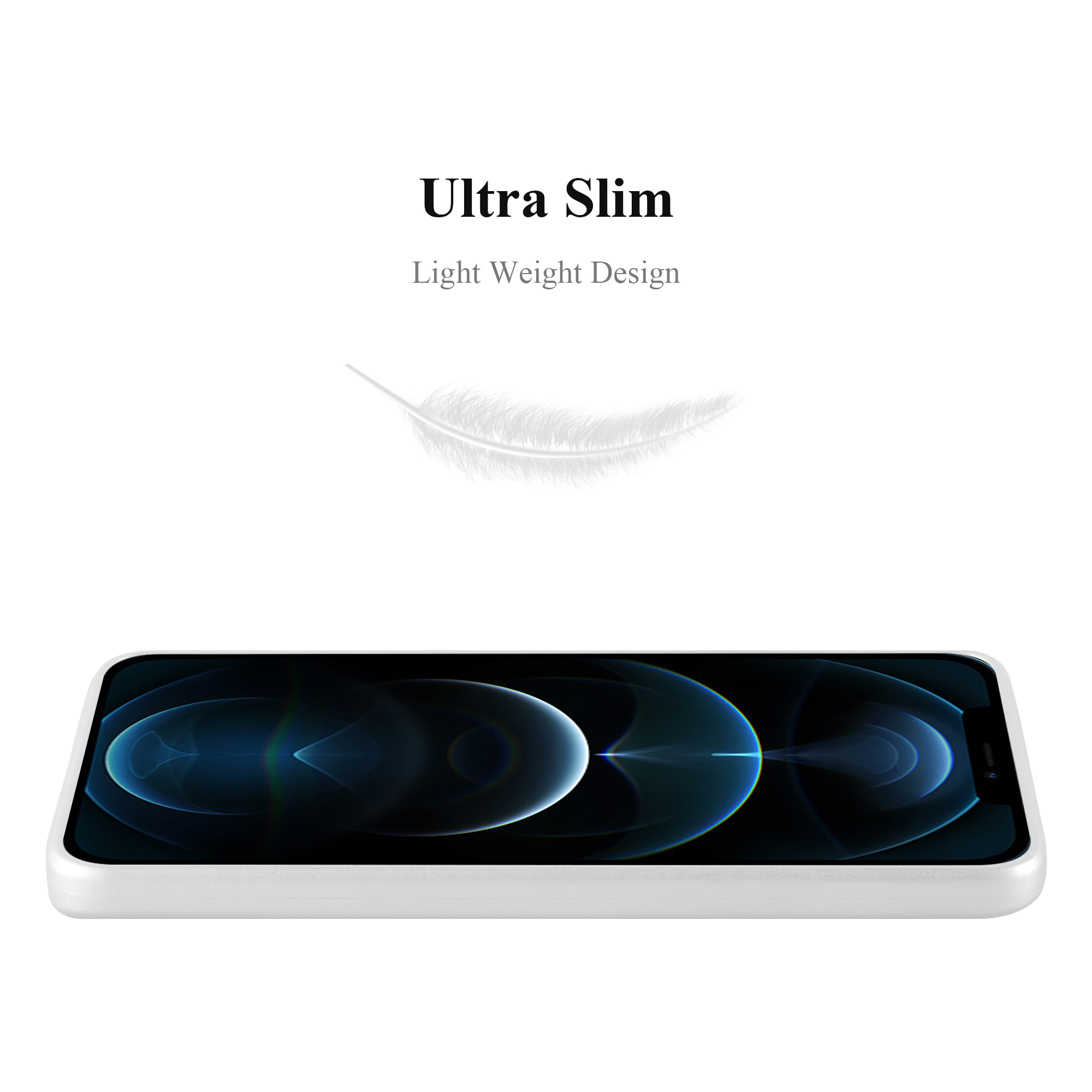 Weiße Handyhülle mit einem Telefonbildschirm, einer Feder und dem Text 'Ultra Slim'.