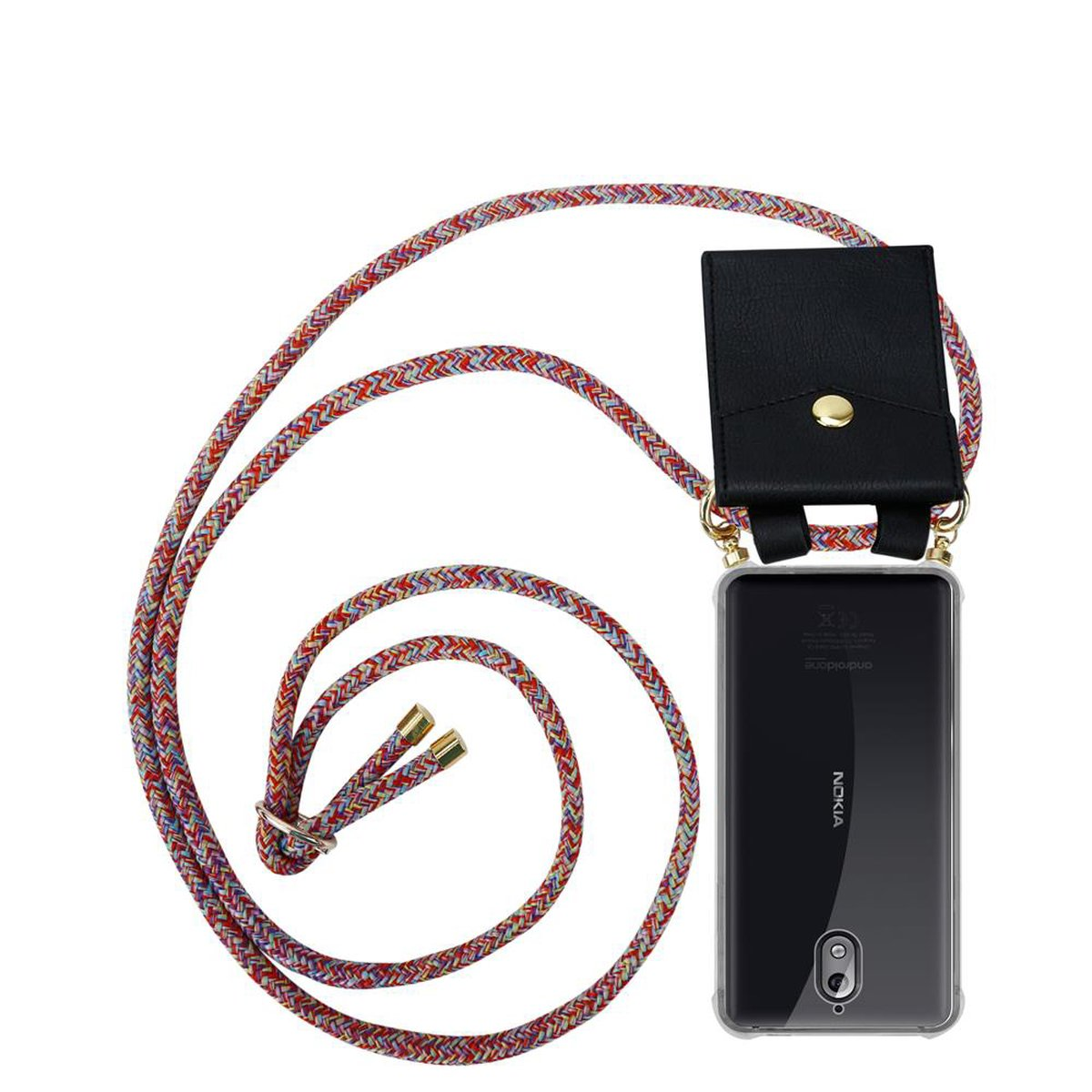 Telefon in klarer Hülle mit mehrfarbigem Seilband und schwarzem Lederhalter.