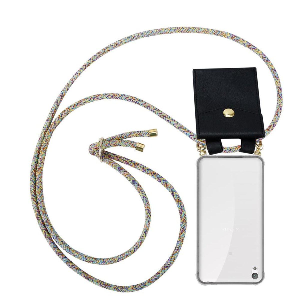 Telefon mit buntem Riemen. Schwarze brieftaschenartige Hülle.
