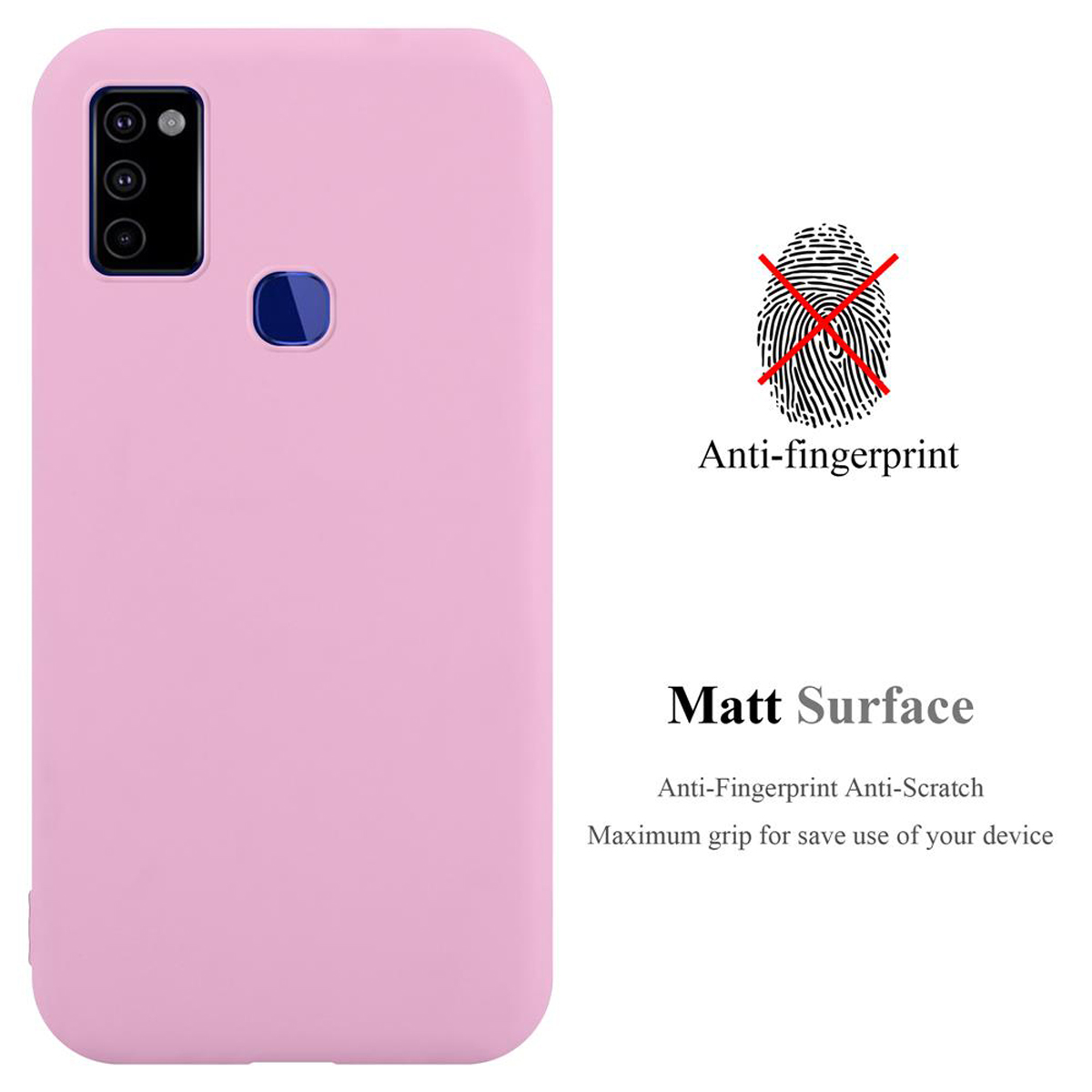 Custodia per telefono rosa con testo anti-impronte. Icona impronta sbarrata. Sfondo bianco.