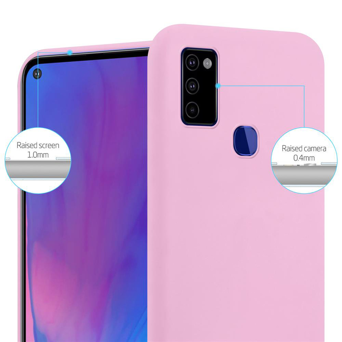 Una custodia rosa per telefono, che mostra i bordi rialzati dello schermo e della fotocamera. I dettagli evidenziano lo schermo rialzato di 1,0 mm e la fotocamera di 0,4 mm.