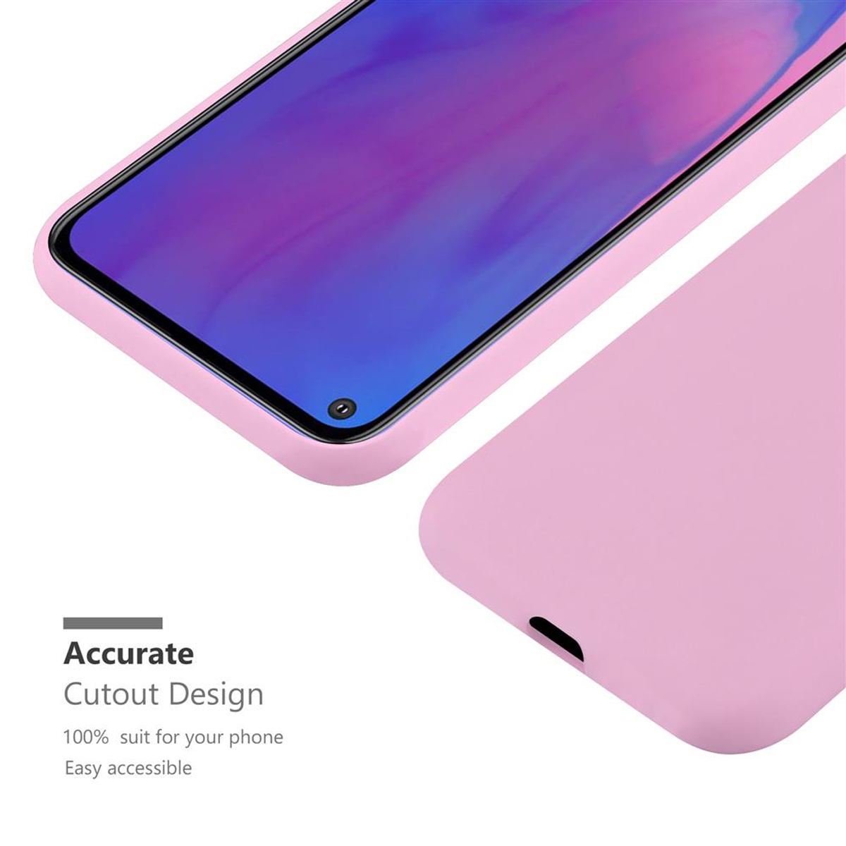 Custodia per telefono rosa con ritagli precisi. Lo schermo del telefono è visibile e la custodia è mostrata angolata.