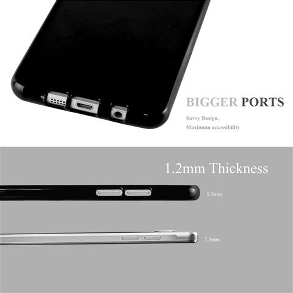 Primo piano di una custodia nera per telefono, con testo 'BIGGER PORTS' e dettagli sullo spessore.